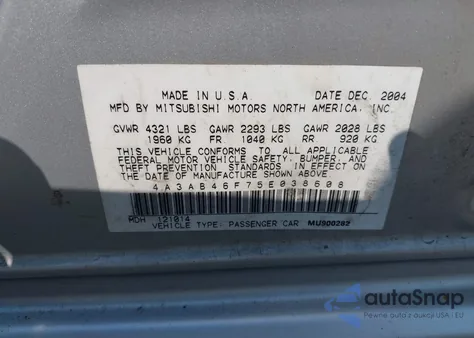 2005 Mitsubishi Galant Es/Se из США, поврежденный, VIN 4A3AB46F75E038608